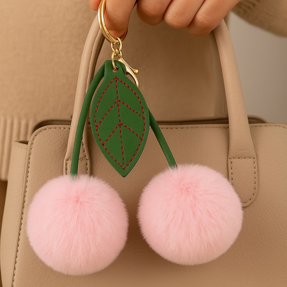 Blush Cherry Pom Pom Keychain with Green Leaf Accent - Picture 1 of 3